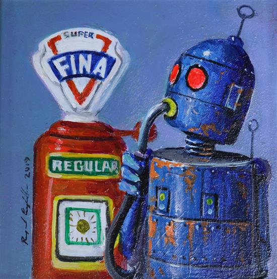 Raymond Campbell Petrol head robot oil 10.5 x10.5cm